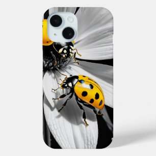 Yellow Ladybugs Beetle On Black White Flower iPhone 15 Case