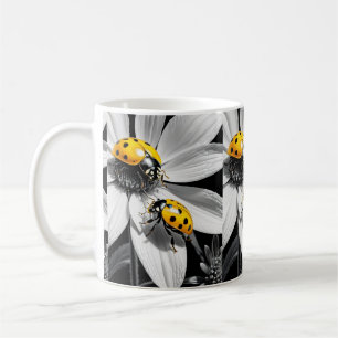 Yellow Ladybugs Beetle On Black White Flower Coffee Mug
