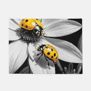 Yellow Ladybugs Beetle On Black White Flower Doormat