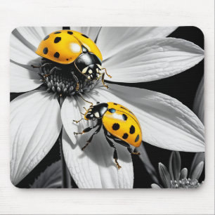 Yellow Ladybugs Beetle On Black White Flower Mouse Pad
