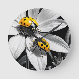 Yellow Ladybugs Beetle On Black White Flower Round Clock