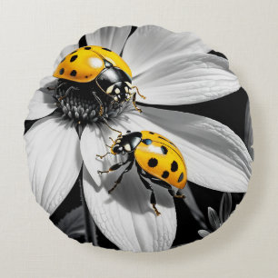 Yellow Ladybugs Beetle On Black White Flower Round Cushion