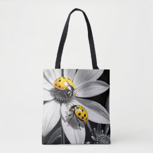 Yellow Ladybugs Beetle On Black White Flower Tote Bag