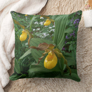 Yellow Lady's Slipper Orchid Flowers In Bloom Cushion