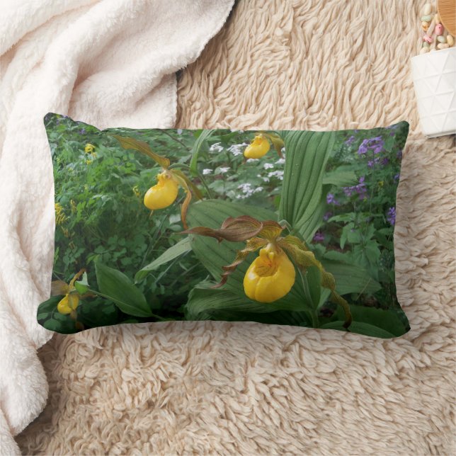 Yellow Lady's Slipper Orchid Flowers In Bloom Lumbar Cushion (Blanket)