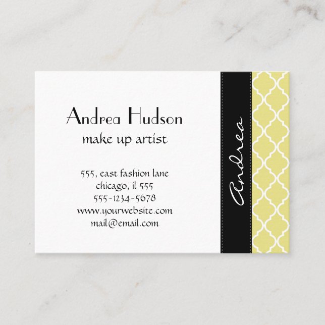 Yellow Latticework, Quatrefoil, Moroccan Trellis Business Card (Front)