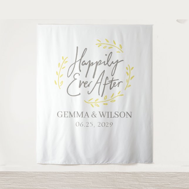 Yellow Laurel Leaves Happily Ever After Wedding Tapestry (Front)