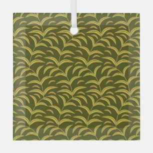 Yellow Leaf Motif Pattern on Dark Green Background Glass Tree Decoration