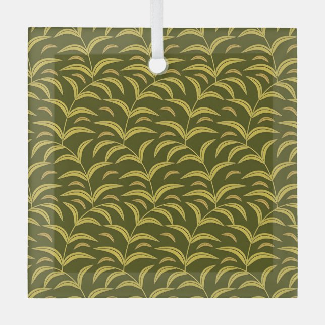 Yellow Leaf Motif Pattern on Dark Green Background Glass Tree Decoration (Front)