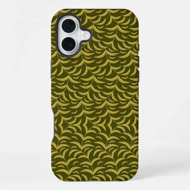 Yellow Leaf Motif Pattern on Dark Green Background iPhone Case (Back)