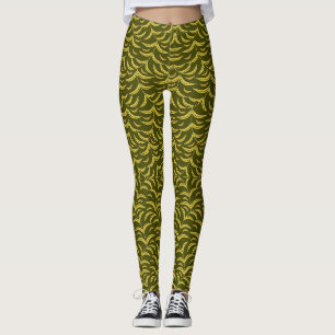 Yellow Leaf Motif Pattern on Dark Green Background Leggings