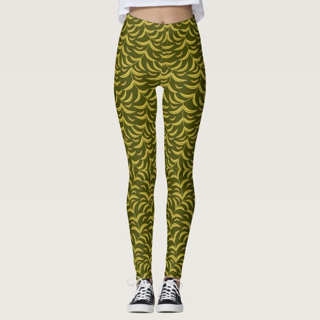 Yellow Leaf Motif Pattern on Dark Green Background Leggings (Front)