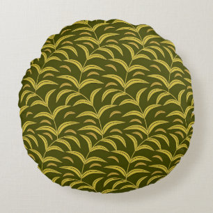 Yellow Leaf Motif Pattern on Dark Green Background Round Cushion