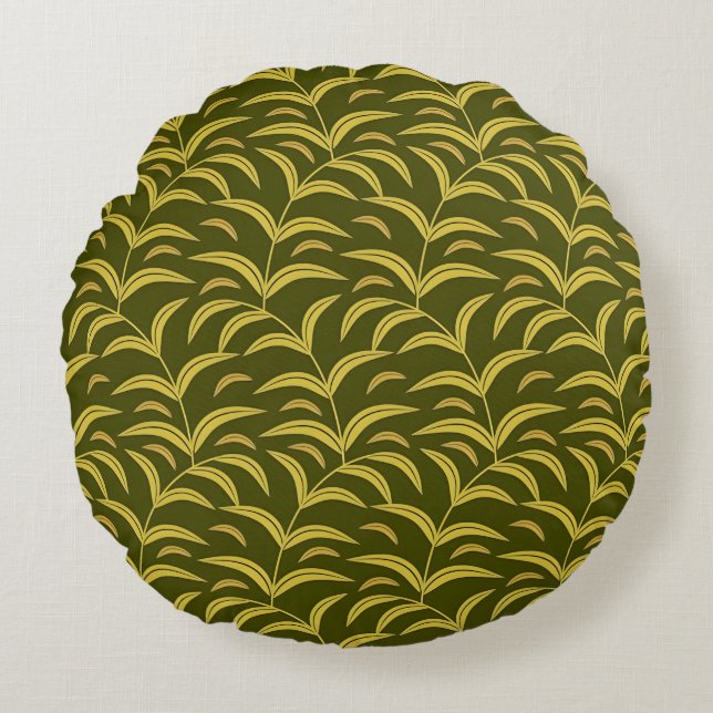 Yellow Leaf Motif Pattern on Dark Green Background Round Cushion (Front)