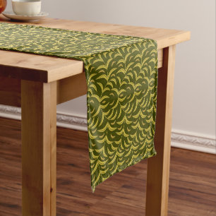 Yellow Leaf Motif Pattern on Dark Green Background Short Table Runner
