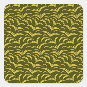 Yellow Leaf Motif Pattern on Dark Green Background Square Sticker