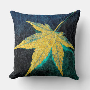 Yellow Leaf on Blue Leather Cushion