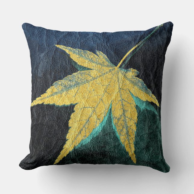 Yellow Leaf on Blue Leather Cushion (Front)