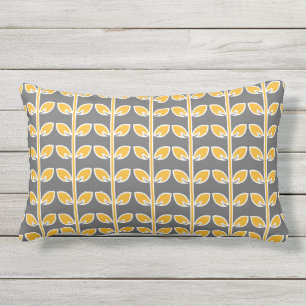 Yellow leaves, grey, white, floral, pattern lumbar cushion