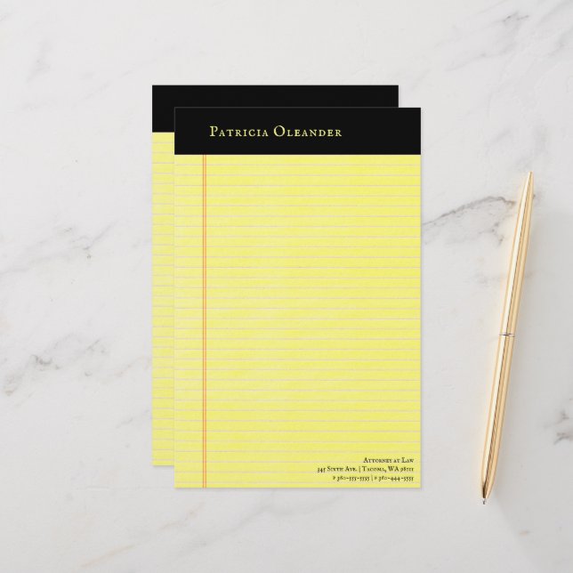 Yellow Legal Pad Style Black Top Stationery (Front/Back In Situ)