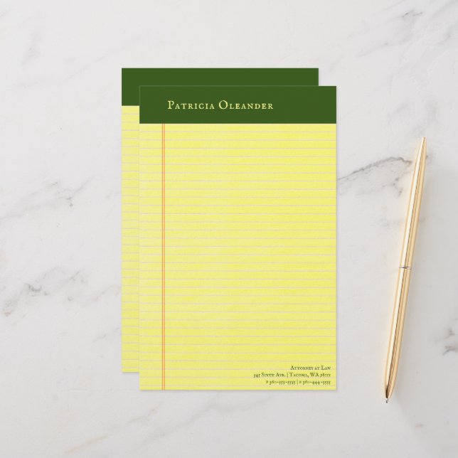 Yellow Legal Pad Style Green Top Stationery (Front/Back In Situ)