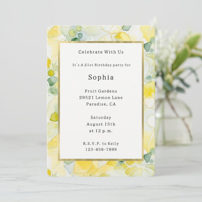 Yellow Lemon Abstract  Birthday   Invitation (Standing Front)