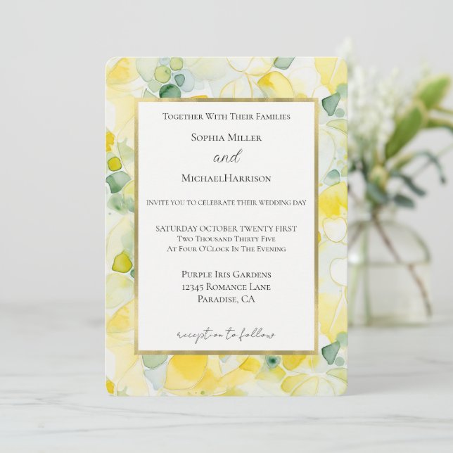 Yellow Lemon Abstract Wedding Invitation (Standing Front)