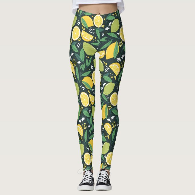 Yellow Lemon and Green Lime Fruit Food Pattern Leggings (Front)