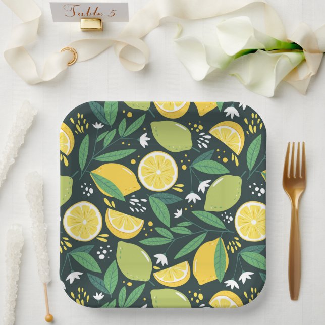 Yellow Lemon and Green Lime Fruit Food Pattern Paper Plate (Wedding)
