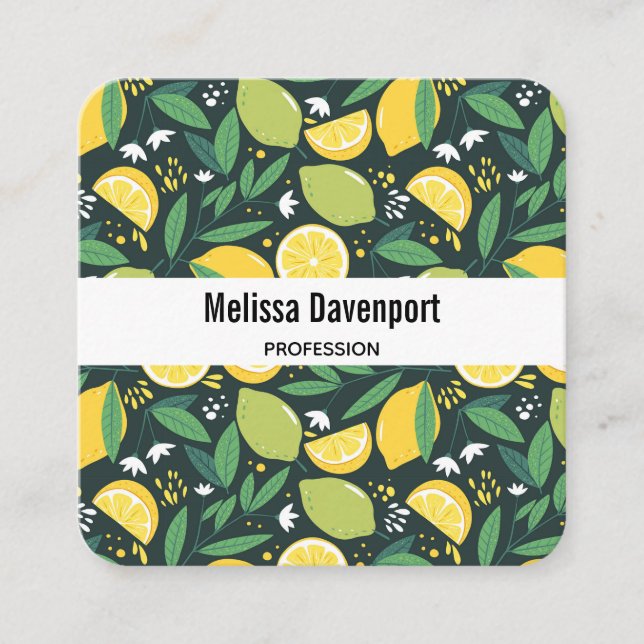 Yellow Lemon and Green Lime Fruit Food Pattern Square Business Card (Front)