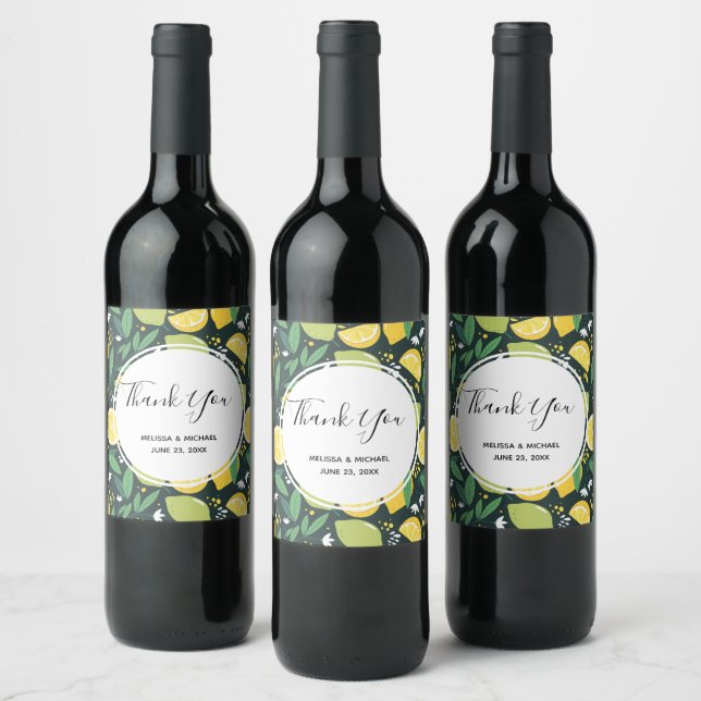 Yellow Lemon and Green Lime Fruit Food Pattern Wine Label (Bottles)