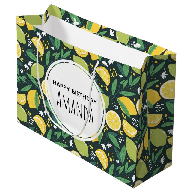 Yellow Lemon and Green Lime Fruit Pattern Birthday Large Gift Bag (Front Angled)