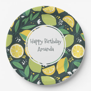 Yellow Lemon and Green Lime Fruit Pattern Birthday Paper Plate