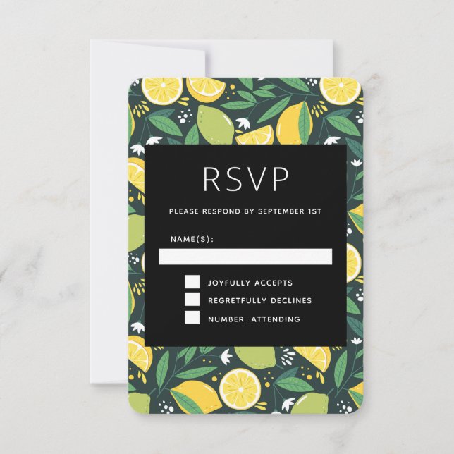 Yellow Lemon and Green Lime Fruit Pattern RSVP Card (Front)