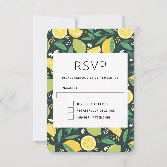 Yellow Lemon and Green Lime Fruit Pattern RSVP Card (Front)