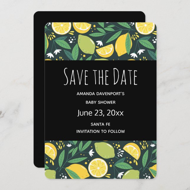  Yellow Lemon and Green Lime Fruit Pattern Save The Date (Front/Back)