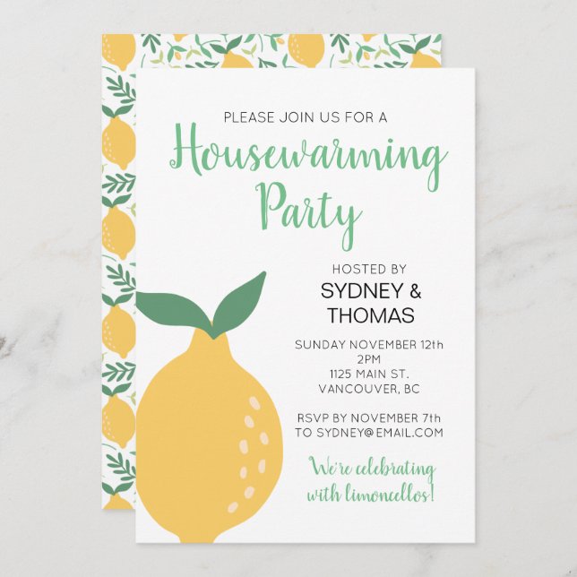 Yellow Lemon and Leaves House Warming Party Invitation (Front/Back)