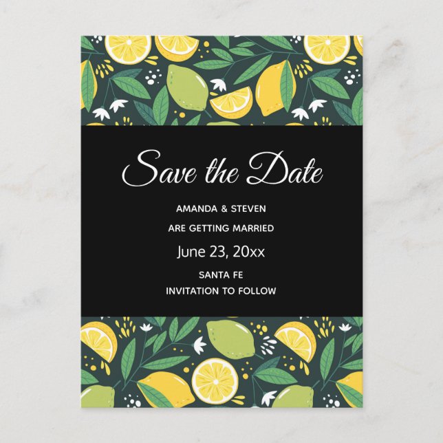Yellow Lemon and Lime Fruit Pattern Save the Date Invitation Postcard (Front)
