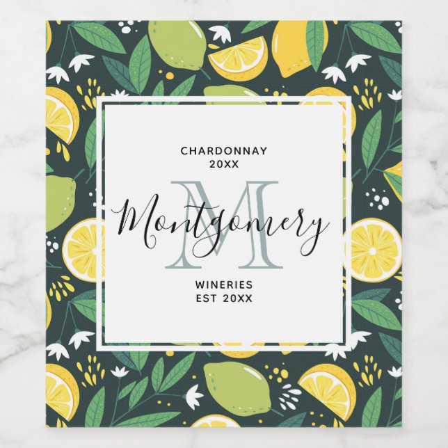 Yellow Lemon and Lime Fruit Pattern Wine Making Label (Single Label)