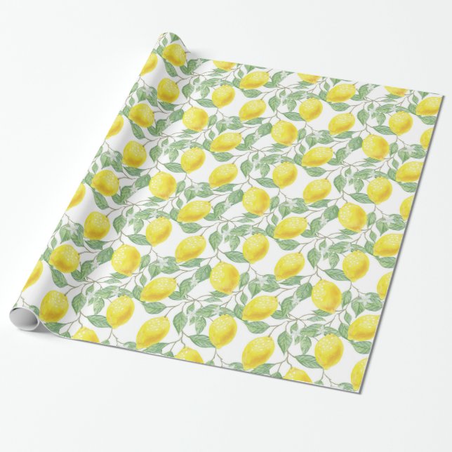 Yellow Lemon and Sage Green Vines Gift Wrap (Unrolled)