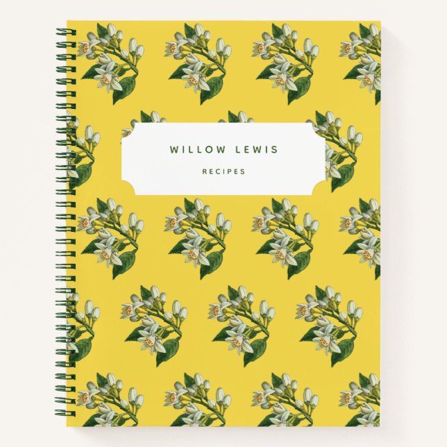 Yellow Lemon Blossoms Pattern Recipe Cookbook  Notebook (Front)