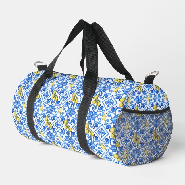 Yellow Lemon Blue Tile  Duffle Bag (Right Corner)