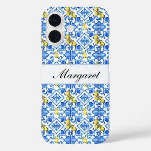 Yellow Lemon Blue Tile Watercolor Monogram Name iPhone 16 Case