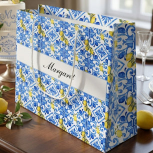Yellow Lemon Blue Tile Watercolor Monogram Name Large Gift Bag