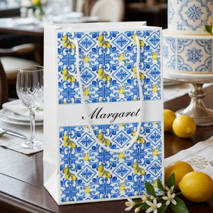 Yellow Lemon Blue Tile Watercolor Monogram Name Small Gift Bag