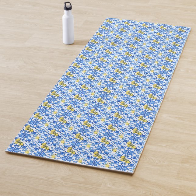 Yellow Lemon Blue Tile  Yoga Mat (In Situ)