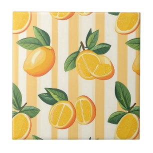 Yellow Lemon Botanical Print on Cream Stripes Ceramic Tile
