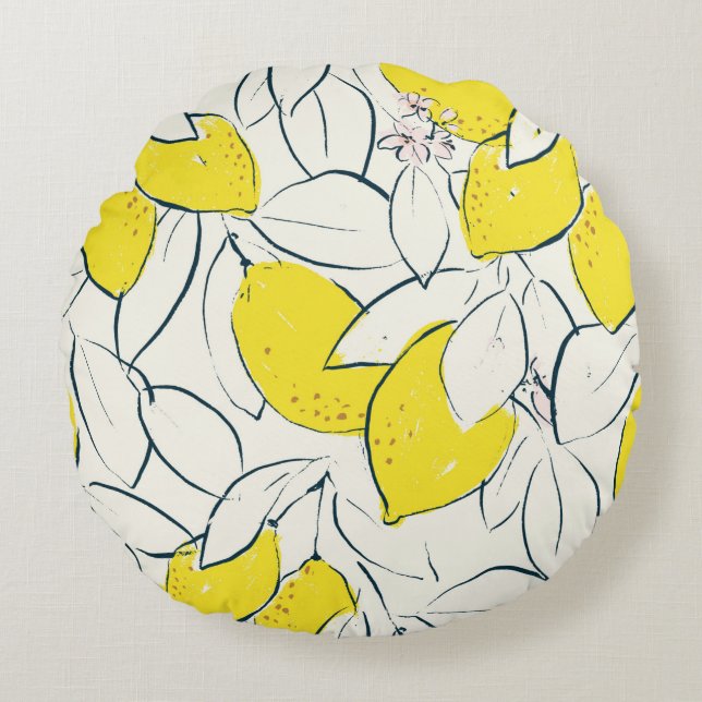 Yellow lemon citrus fruit hand drawn illustration  round cushion (Front)