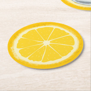 Yellow lemon citrus fruit slice round paper coaster