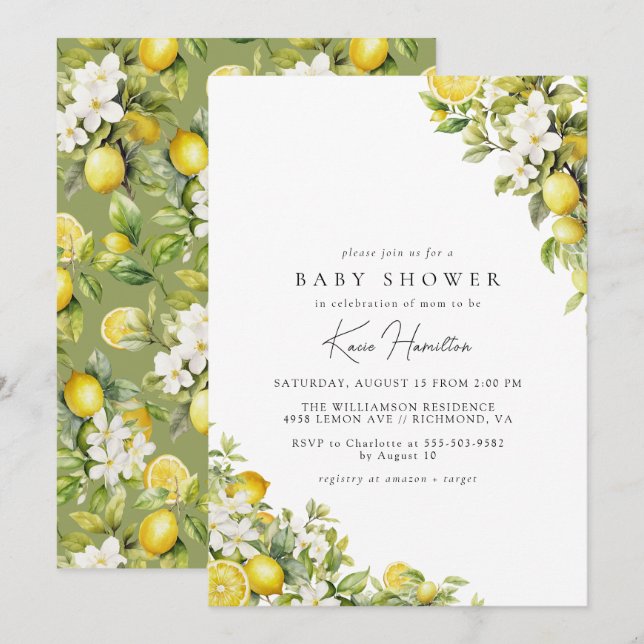 Yellow Lemon | Citrus Fruit Summer Baby Shower Invitation (Front/Back)